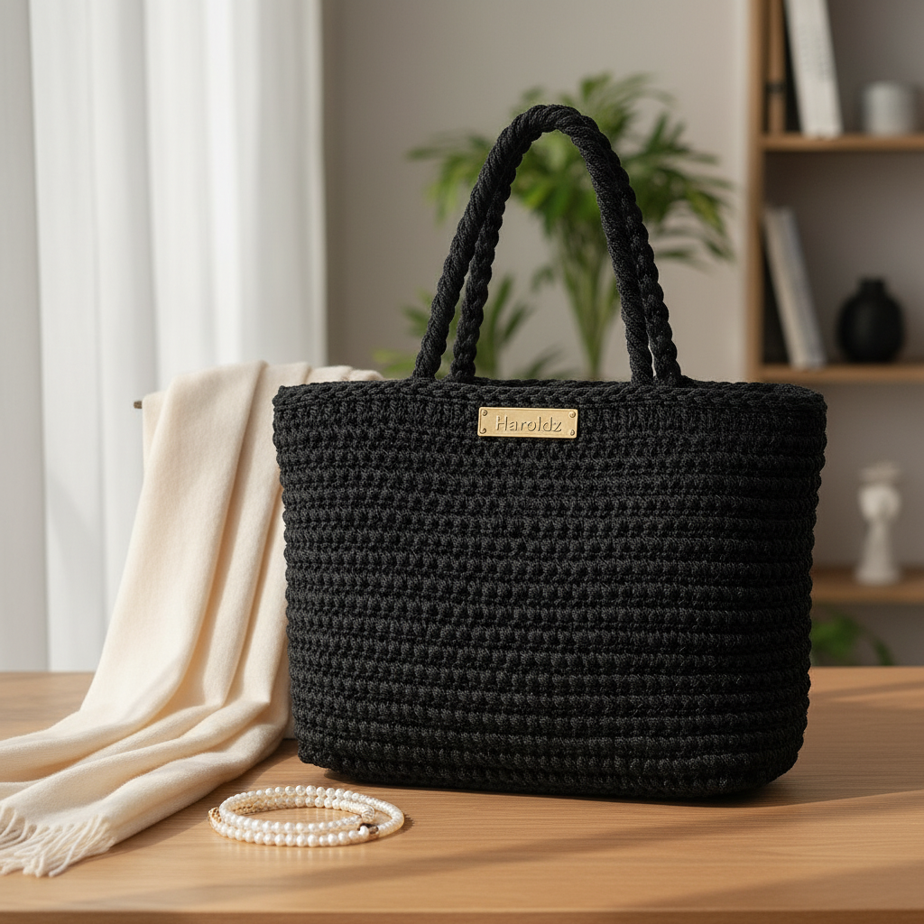 Haroldz Hancrafted Luxury Crochet Tote - Jet Black Edition